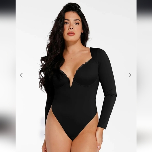 Popilush Tops - POPILUSH Shapewear Long Sleeve Lace Trim V-Neck Slimming Bodysuit Black - XL NWT